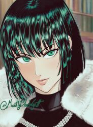 Rule 34 | 1girl, black hair, dress, earrings, fubuki (one-punch man), fur collar, green eyes, green hair, highres, jewelry, light smile, lips, looking at viewer, mostlybluewyatt, necklace, one-punch man, short hair, solo, twitter username