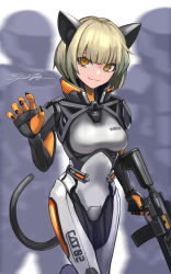 Rule 34 | 1girl, animal ears, barcode, blonde hair, bodysuit, cat ears, cat tail, claw pose, cyborg, fang, fingernails, gun, highres, holding, holding gun, holding weapon, looking at viewer, original, rifle, sharp fingernails, short hair, signature, sunao (70 the), tail, trigger discipline, weapon, yellow eyes