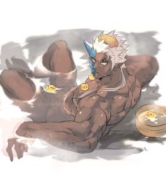 Rule 34 | 1boy, abs, bara, beard, completely nude, dark-skinned male, dark skin, facial hair, half mask, horned mask, horns, large pectorals, male focus, manly, mask, muscular, nikism, nipples, nude, oni mask, onsen, pectorals, rubber duck, shuten douji (housamo), single horn, solo, thighs, tokyo houkago summoners, upper body, white hair