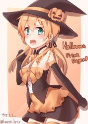 Rule 34 | 10s, 1girl, :d, absurdres, alternate costume, anchor hair ornament, blonde hair, hair ornament, halloween, halloween costume, hat, heart, highres, kantai collection, kapatarou, open mouth, prinz eugen (kancolle), smile, solo, twintails, witch hat