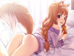 Rule 34 | 1girl, alternate hairstyle, animal ears, ass, bare shoulders, bed, bed sheet, blush, bottomless, braid, brown hair, cleft of venus, comb, fang, from behind, holding, holo, indoors, kawakami rokkaku, long hair, looking at viewer, looking back, lying, naked shirt, off shoulder, on bed, on stomach, open mouth, pillow, pussy, red eyes, shirt, single braid, smile, solo, spice and wolf, tail, third-party edit, uncensored, wolf ears, wolf tail