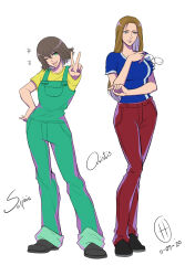 Rule 34 | 2girls, artist request, blonde hair, blue eyes, breasts, brown hair, closed mouth, dated, denim, final fantasy, final fantasy viii, flipped hair, full body, glasses, green eyes, highres, jeans, large breasts, long hair, looking at viewer, multiple girls, one eye closed, open mouth, overalls, pants, quistis trepe, selphie tilmitt, short hair, simple background, small breasts, smile, v, white background