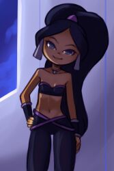 1girl aged_down aladdin_(disney) black_hair black_pants black_shirt bracelet choker cloud collarbone dancer dark_skin disney drantyno earrings flat_chest grey_eyes hand_on_own_hip harem_outfit highres jasmine_(disney) jewelry loli long_hair looking_at_viewer midriff navel night pants ponytail princess shirt sky smile standing strapless tube_top window