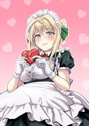 Rule 34 | 1girl, apron, blonde hair, blush, box, braid, braided bun, breasts, buttons, closed mouth, dress, gift, gift box, gradient background, green dress, hair bun, heart, heart-shaped box, heart background, holding, holding gift, kantai collection, large breasts, maid headdress, perth (kancolle), puffy short sleeves, puffy sleeves, purple eyes, short hair, short sleeves, solo, tk8d32, valentine, waist apron, white apron