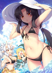 Rule 34 | 3girls, beatmania, beatmania iidx, bikini, black bikini, black hair, blonde hair, breasts, brown eyes, closed eyes, day, dutch angle, front-tie bikini top, front-tie top, gluteal fold, hat, highres, horns, large breasts, long hair, multiple girls, open mouth, outdoors, parted bangs, pointy ears, ponytail, roshin, side-tie bikini bottom, small breasts, sun hat, swimsuit, water, white hair