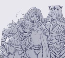 Rule 34 | 3girls, armor, artist name, belt, breasts, camilla (fire emblem), cape, cleavage, commentary, crossed arms, dlanon, closed eyes, fingerless gloves, fire emblem, fire emblem: radiant dawn, fire emblem fates, gloves, hair ornament, hair over breasts, hair over one eye, hairband, headpiece, heather (fire emblem), large breasts, leaning, long hair, medium breasts, monochrome, multiple girls, nintendo, one eye closed, pants, sketch, smile, soleil (fire emblem), speed lines, standing, strapless, tiara, tube top, wavy hair