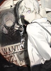 Rule 34 | 1boy, asymmetrical sidelocks, black gloves, bungou stray dogs, collared shirt, commentary, cuffs, fingerless gloves, gloves, grey hair, handcuff dangle, handcuffs, hiba riko, highres, holding, holding handcuffs, looking at viewer, male focus, nakajima atsushi (bungou stray dogs), parted lips, purple eyes, shirt, sidelocks, solo, suspenders, upper body, wanted, white shirt