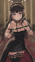 Rule 34 | 1girl, bare shoulders, black choker, black dress, black gloves, black hair, blood, bloody weapon, blunt bangs, blush, botan m, breasts, choker, cleavage, closed mouth, cosplay, dagger, dress, dual wielding, fingerless gloves, floral print, flower, furrowed brow, gloves, gold hairband, green eyes, hair flower, hair ornament, hairband, highres, holding, holding dagger, holding knife, holding weapon, indoors, knife, kurosawa dia, lips, long hair, looking at viewer, love live!, love live! sunshine!!, medium breasts, mole, mole under mouth, off-shoulder dress, off shoulder, raised eyebrows, rose, rose print, smile, solo, spikes, spy x family, standing, stiletto (weapon), straight hair, thighhighs, two-sided dress, two-sided fabric, weapon, yor briar, yor briar (cosplay), zettai ryouiki
