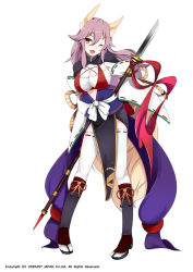 Rule 34 | 1girl, ;d, animal ears, bandages, breasts, cleavage, detached sleeves, fox ears, fox tail, full body, holding, impossible clothes, large breasts, long hair, looking at viewer, naginata, official art, one eye closed, open mouth, polearm, ribbon-trimmed legwear, ribbon trim, sarashi, seikon no el dorado, simple background, smile, solo, standing, tail, tetsubuta, weapon, white background, white legwear