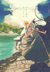 Rule 34 | 1girl, alternate costume, blue sky, check commentary, check translation, cloud, cloudy sky, commentary, commentary request, culotte (hosenrock), day, dress, full body, green eyes, grey hair, hat, highres, komeiji koishi, looking at viewer, outdoors, sky, solo, standing, strapless, strapless dress, sun hat, third eye, touhou, translation request
