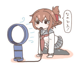 Rule 34 | 10s, 1girl, anchor symbol, black skirt, black thighhighs, brown hair, commentary request, dyson (company), electric fan, electric plug, electricity, folded ponytail, inazuma (kancolle), kantai collection, long sleeves, mato tsuyoi, mouth hold, nanodesu (phrase), neckerchief, pleated skirt, ponytail, pun, school uniform, serafuku, simple background, skirt, solo, thighhighs, white background