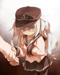 Rule 34 | 10s, 1boy, 1girl, admiral (kancolle), blue eyes, clothes grab, crying, crying with eyes open, hat, hibiki (kancolle), highres, itsukia, kantai collection, long hair, looking at viewer, messy hair, pantyhose, personification, pleated skirt, school uniform, serafuku, skirt, sleeve grab, solo focus, tears