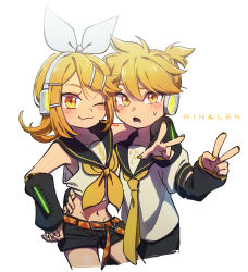 Rule 34 | 1boy, 1girl, ;3, arm around neck, ascot, belt, blonde hair, blush, bow, brother and sister, character name, commentary, detached sleeves, fang, hair bow, hair ornament, hairclip, hand on another&#039;s waist, hand on own hip, headphones, headset, highres, hug, kagamine len, kagamine rin, looking at viewer, midriff, nail polish, navel, necktie, nervous, number tattoo, one eye closed, sailor collar, shirt, shorts, shoulder tattoo, siblings, skin fang, sleeveless, sleeveless shirt, sweatdrop, tattoo, treble clef, twins, ukata, v, vocaloid, yellow eyes, yellow nails, yellow neckwear