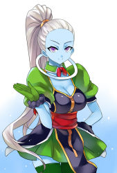Rule 34 | 10s, 1girl, bad id, bad pixiv id, blue skin, breasts, cleavage, collar, colored skin, cowboy shot, dragon ball, dragon ball super, gloves, green gloves, hair slicked back, high ponytail, large breasts, long hair, purple eyes, smile, solo, thighhighs, vados (dragon ball), very long hair, white hair, yostxxx