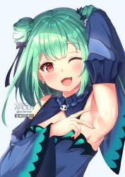 Rule 34 | 1girl, ;d, ardenlolo, arm up, armpit focus, armpits, bare shoulders, blue dress, bow, breasts, breath, detached collar, detached sleeves, double bun, dress, earrings, fang, green hair, hair bow, hair bun, hololive, jewelry, long sleeves, looking at viewer, one eye closed, open mouth, paid reward available, presenting armpit, red eyes, short hair, small breasts, smile, solo, spread armpit, sweat, twitter logo, upper body, uruha rushia, uruha rushia (1st costume), virtual youtuber, white background, wide sleeves
