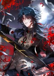 Rule 34 | 1boy, bandaged arm, bandaged hand, bandages, black hair, black jacket, black pants, blade (honkai: star rail), blood, blood on face, chinese clothes, earrings, flower, hair over one eye, holding, holding sword, holding weapon, honkai: star rail, honkai (series), jacket, jewelry, long hair, long sleeves, male focus, mizumoe, multicolored hair, one eye covered, pants, petals, red eyes, red flower, red hair, shirt, solo, spider lily, sword, tassel, tassel earrings, weapon, yellow shirt