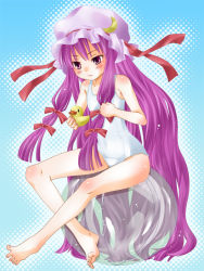 Rule 34 | 1girl, bad id, bad pixiv id, barefoot, d5 (pixiv), feet, female focus, full body, gradient background, halftone, halftone background, hat, long hair, one-piece swimsuit, patchouli knowledge, purple hair, ribbon, school swimsuit, solo, swimsuit, touhou, white background, white one-piece swimsuit, white school swimsuit