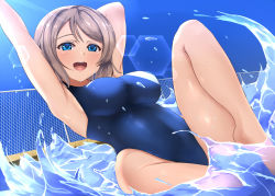 Rule 34 | 1girl, blue eyes, blue one-piece swimsuit, blush, breasts, butter curry, competition swimsuit, day, highleg, highleg swimsuit, highres, large breasts, lens flare, light brown hair, looking at viewer, love live!, love live! sunshine!!, medium breasts, one-piece swimsuit, pool, poolside, shiny skin, short hair, solo, splashing, swimsuit, thighs, watanabe you, water