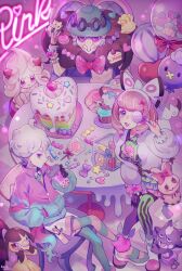 Rule 34 | 1boy, 2girls, ahoge, alcremie, alcremie (strawberry sweet), balloon, bede (pokemon), bubble tea, cake, candy, candy wrapper, chair, collared shirt, commentary request, creatures (company), cup, cupcake, curly hair, drifloon, drinking, drinking straw, food, fur jacket, fur scarf, game freak, gen 2 pokemon, gen 3 pokemon, gen 4 pokemon, gen 7 pokemon, gen 8 pokemon, gloves, green headwear, green shirt, hat, hatenna, highres, holding, holding cup, jacket, janis (hainegom), klara (pokemon), mawile, milcery, mimikyu, multiple girls, nintendo, opal (pokemon), plate, pokemon, pokemon (creature), pokemon swsh, purple eyes, shirt, short hair, sitting, table, thighhighs, togepi, toxel, wrapped candy, zipper pull tab