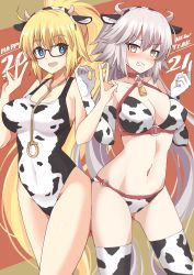 Rule 34 | 2021, 2girls, animal ears, animal print, bare shoulders, bell, bikini, black-framed eyewear, blush, breasts, cleavage, clenched teeth, collar, collarbone, competition swimsuit, cow ears, cow horns, cow print, cow tail, cowbell, fate/grand order, fate (series), glasses, happy new year, highleg, highleg swimsuit, highres, horns, jeanne d&#039;arc alter (swimsuit berserker) (fate), jeanne d&#039;arc (fate), jeanne d&#039;arc (ruler) (fate), jeanne d&#039;arc (swimsuit archer) (fate), jeanne d&#039;arc (swimsuit archer) (second ascension) (fate), jeanne d&#039;arc alter (fate), jeanne d&#039;arc alter (swimsuit berserker) (fate), large breasts, long hair, looking at viewer, multiple girls, navel, neck bell, new year, o-ring, o-ring bikini, one-piece swimsuit, open mouth, ponytail, shimouki izui, smile, swimsuit, tail, teeth, thighhighs, thighs, white bikini, white one-piece swimsuit