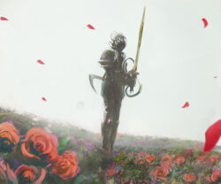 Rule 34 | 1other, armor, byte (grunty-hag1), day, field, flower, flower field, fog, full armor, full body, helmet, holding, holding sword, holding weapon, knight, original, outdoors, overcast, petals, plate armor, red flower, rose, rose petals, sky, solo, standing, sword, weapon