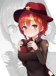 Rule 34 | 1girl, blush, box, hat, heart-shaped box, highres, iron annie, last origin, looking at viewer, red hair, sheriff badge, sizeaton, solo, valentine, yellow eyes, zoom layer