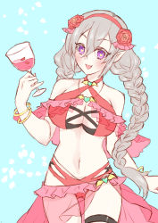 Rule 34 | 1girl, absurdres, bracelet, braid, breasts, brown hair, cup, demon girl, drinking glass, heart, heart-shaped pupils, highres, holding, holding cup, jewelry, large breasts, looking at viewer, ludmila (rune factory), official alternate costume, pointy ears, purple eyes, riu (riu0103), rune factory, rune factory 5, solo, swimsuit, symbol-shaped pupils, twin braids, wine glass