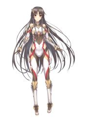 Rule 34 | 1girl, bare shoulders, black hair, blush, bodysuit, boots, brown eyes, closed mouth, clothing cutout, detached sleeves, eyebrows, full body, gloves, gluteal fold, highres, light smile, long hair, looking at viewer, luzi, mirai (project nimbus), official art, pilot suit, project nimbus, side cutout, sidelocks, simple background, skin tight, solo, standing, tsurime, turtleneck, very long hair, white background