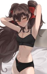 Rule 34 | 1girl, armpits, arms up, bed frame, bed sheet, black bra, black panties, blush, bow, bra, breasts, brown eyes, brown hair, cleavage, cowboy shot, girls&#039; frontline, hair bow, highres, long hair, medium breasts, navel, panties, red bow, sabashi, solo, stomach, sweat, twintails, type 97 (girls&#039; frontline), underwear, underwear only, very long hair
