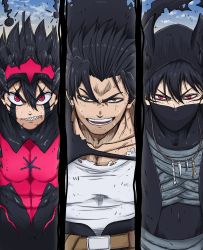 Rule 34 | 3boys, absurdres, ahoge, armor, asta (black clover), black armor, black capelet, black clover, black hair, capelet, facial hair, facial mark, highres, horns, horns through headwear, mask, mouth mask, multiple boys, nacht faust, red eyes, shyroceruss, stubble, symbol-shaped pupils, tank top, torn capelet, torn clothes, white tank top, yami sukehiro