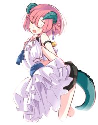Rule 34 | 1girl, a:n (angrynum), bad id, bad pixiv id, bell, black skirt, dragon tail, dress, fang, highres, horns, pink hair, skirt, solo, tail, tassel, white background, white dress