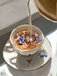Rule 34 | artist name, blue flower, cup, drink, flower, food focus, from above, highres, kay (kf1n3), no humans, original, pouring, saucer, signature, sketch, still life, tea, teacup, teapot