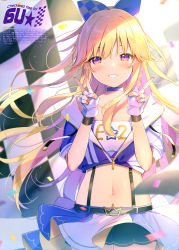 Rule 34 | 1girl, 6u (eternal land), absurdres, artist name, blonde hair, blush, bow, checkered flag, choker, collarbone, confetti, double v, fingerless gloves, flag, gloves, hair bow, hands up, highres, jacket, long hair, looking at viewer, midriff, navel, original, parted lips, purple eyes, scan, shiny skin, short sleeves, simple background, skirt, solo, stomach, suspender skirt, suspenders, v