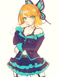 Rule 34 | 1girl, :/, aqua eyes, aqua nails, bare shoulders, belt, black bra, black garter straps, black jacket, black skirt, blonde hair, blush, bra, breasts, butterfly hair ornament, cleavage, closed mouth, commentary, cosplay, cowboy shot, garter straps, hair between eyes, hair ornament, highres, hikusa, honey whip (module), jacket, kagamine rin, light blush, long sleeves, looking at viewer, medium breasts, miniskirt, nail polish, project diva (series), short hair, simple background, skirt, solo, standing, thighhighs, underwear, vocaloid, white background, zettai ryouiki