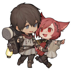 Rule 34 | 2boys, :d, adventurer (ff14), animal ears, backpack, bag, belt, belt pouch, black scarf, blue eyes, boots, brown footwear, brown gloves, brown hair, brown pants, cat boy, cat ears, cat tail, chibi, elbow gloves, eye contact, facial mark, facial scar, ffxivys, final fantasy, final fantasy xiv, fingerless gloves, fringe trim, from side, full body, g&#039;raha tia, gloves, grey shirt, hair ornament, holding, holding map, holding strap, hyur, jacket, jewelry, knee boots, looking at another, male focus, map, miqo&#039;te, multiple boys, oil lamp, open mouth, outstretched arm, pants, pendant, pointing, pointing forward, pouch, red eyes, red hair, red jacket, running, scar, scar on cheek, scar on face, scarf, shirt, short hair, shoulder belt, simple background, slit pupils, smile, swept bangs, tail, walking, warrior of light (ff14), white background, x hair ornament