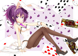 Rule 34 | 1girl, ace (playing card), ace of diamonds, alternate costume, alternate hairstyle, animal ears, bare shoulders, between breasts, black footwear, black pantyhose, blush, breasts, brown pantyhose, card, cleavage, closed mouth, clubs, collar, commentary request, detached collar, diamond (shape), fake animal ears, fake tail, full body, gochuumon wa usagi desu ka?, hair between eyes, hair ornament, hairband, hairclip, heart, high heels, highres, jack (playing card), jack of hearts, leotard, long hair, looking at viewer, medium breasts, nanakusa (user rnpt7322), necktie, necktie between breasts, outline, pantyhose, pink necktie, playboy bunny, playing card, ponytail, purple background, purple eyes, purple hair, purple necktie, queen (playing card), queen of clubs, rabbit ears, rabbit tail, shoes, sidelocks, sitting, smile, solo, spade, tail, tedeza rize, white outline, wrist cuffs