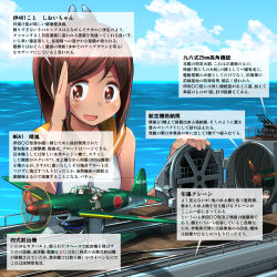 Rule 34 | 10s, 1girl, aichi m6a seiran, aircraft, aircraft carrier, airplane, anti-aircraft, anti-aircraft gun, brown hair, cloud, day, historical name connection, i-400-class-submarine, i-401, i-401 (kancolle), kantai collection, military, military vehicle, mother ship, name connection, ocean, one-piece swimsuit, parasite aircraft, ponytail, salute, school swimsuit, seaplane, shiden (sashimi no wife), ship, short hair, sky, solo, submarine, submarine aircraft carrier, swimsuit, swimsuit under clothes, translation request, wall of text, warship, watercraft