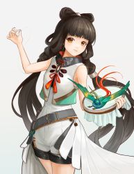 Rule 34 | 1girl, absurdres, ahong, belt, bird, brown hair, commentary request, cowboy shot, girls&#039; frontline, girls&#039; frontline neural cloud, grey background, hair rings, highres, holding, holding needle, long hair, looking at viewer, needle, needlepoint, qbu-88 (girls&#039; frontline), sewing, shorts, sleeveless, smile, solo, thread, twintails, very long hair, vest, yellow eyes