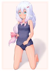 Rule 34 | 10s, 1girl, :o, aqua eyes, barefoot, beige background, blue one-piece swimsuit, blush, bow, breasts, covered navel, eromanga sensei, framed, full body, hair between eyes, hair bow, hand on own stomach, highres, izumi sagiri, long hair, looking down, low-tied long hair, medium breasts, mochiyuki, one-piece swimsuit, parted lips, pink bow, school swimsuit, shadow, silver hair, solo, sora (kari), swimsuit, tan, tanline, tareme