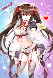 Rule 34 | 1girl, absurdres, animal ears, apron, bad id, bad pixiv id, bikini, brown hair, cake, collar, food, frilled apron, frilled bikini, frills, garter belt, girls&#039; frontline, hair ornament, hair ribbon, heart, highres, huge filesize, long hair, looking at viewer, maid, maid apron, maid bikini, maid headdress, navel, one eye closed, open mouth, orange eyes, panties, ribbon, simple background, solo, standing, swimsuit, thighs, tia (4017342), type 97 (girls&#039; frontline), unconventional maid, underwear, very long hair
