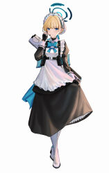 Rule 34 | 1girl, absurdres, apron, aqua bow, aqua bowtie, aqua ribbon, back bow, black dress, black gloves, blonde hair, blue archive, blue eyes, blue halo, bow, bowtie, closed mouth, collared dress, dress, fingerless gloves, frilled apron, frills, full body, gaai, gloves, hair bun, hair intakes, hair ribbon, halo, hand on own ear, hand up, highres, light smile, long dress, long sleeves, looking at viewer, maid, maid apron, maid headdress, microphone, pantyhose, pouch, ribbon, short hair, simple background, skirt hold, solo, split mouth, standing, toki (blue archive), weapon, weapon on back, white apron, white background, white pantyhose
