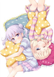 Rule 34 | 10s, 2girls, absurdres, animal print, blonde hair, fish print, frilled pillow, frills, from above, grey eyes, hair bobbles, hair ornament, heart, heart-shaped pillow, highres, hugging object, looking at viewer, multicolored stripes, multiple girls, new game!, one eye closed, pajamas, paw print, pillow, pillow hug, purple eyes, rubbing eyes, sakura nene, shiny skin, short hair with long locks, short twintails, sidelocks, silver hair, simple background, star-shaped pillow, star (symbol), star print, striped clothes, striped pajamas, suzukaze aoba, tokunou shoutarou, twintails, wavy mouth, white background