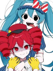 Rule 34 | 2girls, black eyes, black mouth, blue hair, blue hat, bow, commentary, drill hair, gloves, hat, hatsune miku, highres, hug, hug from behind, kasane teto, long hair, mesmerizer (vocaloid), multiple girls, n1tav, open mouth, pink eyes, pink hair, red hat, sharp teeth, simple background, smile, striped bow, sweat, teeth, tongue, tongue out, twin drills, twintails, utau, very long hair, visor cap, vocaloid, waitress, white background, yellow gloves