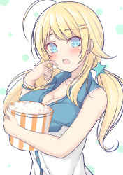 Rule 34 | 1girl, :o, ahoge, bad id, bad pixiv id, bangle, bare arms, bare shoulders, blonde hair, blue eyes, blush, bracelet, breasts, cleavage, food, hachimiya meguru, hair ornament, hairclip, idolmaster, idolmaster shiny colors, jewelry, long hair, looking at viewer, low twintails, medium breasts, mutsuba fumi, open mouth, popcorn, shirt, simple background, sleeveless, sleeveless shirt, solo, star (symbol), star hair ornament, twintails, upper body