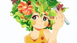 Rule 34 | 1girl, aqua eyes, bare arms, bare shoulders, blush stickers, butudan butugu, cherry tomato, fingernails, food, food on head, fork, green hair, hair between eyes, hand up, highres, holding, holding fork, leaf, looking at viewer, object on head, original, salad, shirt, short hair, shrimp, simple background, sleeveless, sleeveless shirt, solo, symbol-only commentary, tomato, upper body, white background, yellow shirt