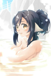 Rule 34 | 1girl, animal ears, aquaplus, bare arms, bare shoulders, bathing, black hair, breasts, bright pupils, brown eyes, cleavage, collarbone, convenient censoring, eyelashes, floating breasts, from side, gradient eyes, gradient hair, hair between eyes, hair up, highres, in water, kazuhane2, knees up, kuon (utawarerumono), large breasts, long hair, looking at viewer, messy hair, midriff, midriff peek, multicolored eyes, multicolored hair, nude, onsen, open mouth, outdoors, raised eyebrows, shiny skin, sidelocks, sitting, snow, snowing, solo, steam, steam censor, swept bangs, teeth, thighs, toned, toned female, tongue, upper body, utawarerumono, utawarerumono: itsuwari no kamen, variations, very long hair, water, wet, white pupils