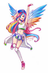Rule 34 | 1girl, bad id, bad pixiv id, crop top, crop top overhang, hat, heterochromia, kaminary, long hair, midriff, multicolored hair, navel, original, shirt, short shorts, shorts, simple background, solo, tied shirt, wings