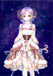 Rule 34 | 1girl, bare shoulders, breasts, brown eyes, cleavage, collarbone, cross-laced clothes, dress, fur trim, holding, holding staff, horns, looking at viewer, medium breasts, night, night sky, original, pointy ears, pom pom (clothes), purple hair, sheep horns, shooting star, sky, solo, staff, white dress, yuu li (glass)