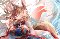 Rule 34 | 1girl, animal ears, bad id, bad pixiv id, bird, blush, breasts, brown hair, brown nails, closed mouth, covered mouth, fox ears, fox tail, hand fan, holding, holding fan, japanese clothes, kimono, large breasts, long hair, looking at viewer, mole, mole under eye, nail polish, orange eyes, original, simple background, solo, tail, takei (jamfusion), upper body