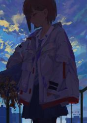 Rule 34 | 1girl, backlighting, blue necktie, bob cut, bouquet, cloud, cloudy sky, coat, collarbone, dated, flower, hair ornament, hairclip, half-closed eyes, highres, holding, holding bouquet, looking down, necktie, original, pleated skirt, railing, rooftop, school uniform, shade, shaded face, shadow, shirt, shorts, signature, skirt, sky, solo, striped, striped necktie, white coat, white shirt, xilmo